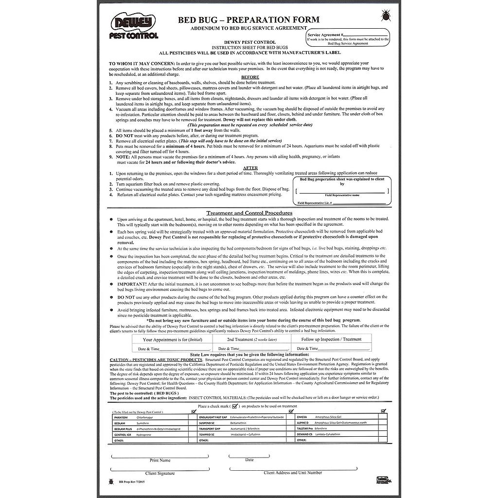 Bed Bug Preparation Sheet    P-20.5