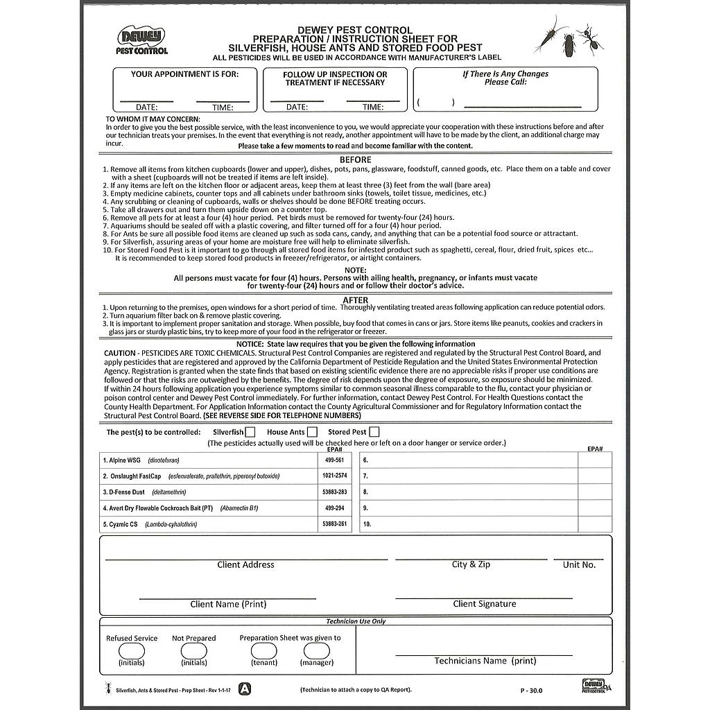 Prep Sheet - Silver Fish, Ants, Stored Pest  P-30.0 