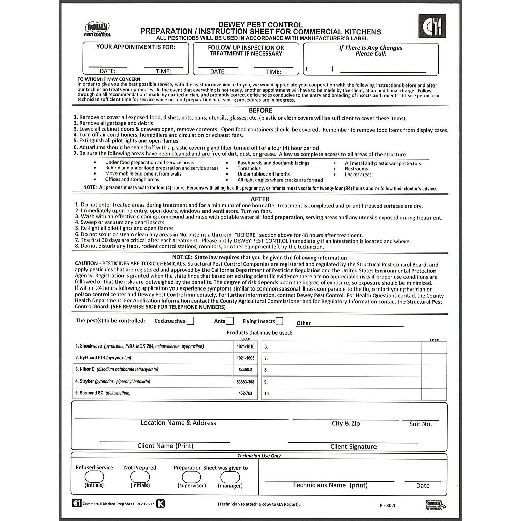 Prep Sheet - Commercial Kitchen  P-30.1  