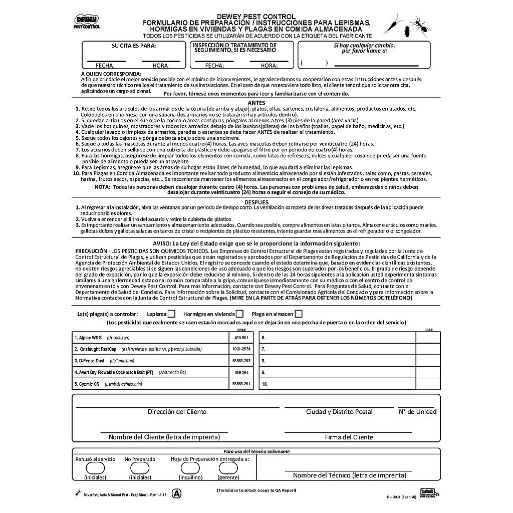 Prep Sheet - Silver Fish, Ants, Stored Pest  P-30.0(Spanish)