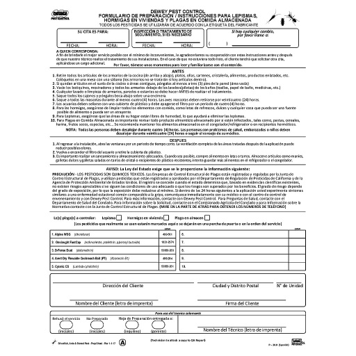 [P-30.0-Spanish] Prep Sheet - Silver Fish, Ants, Stored Pest  P-30.0(Spanish)